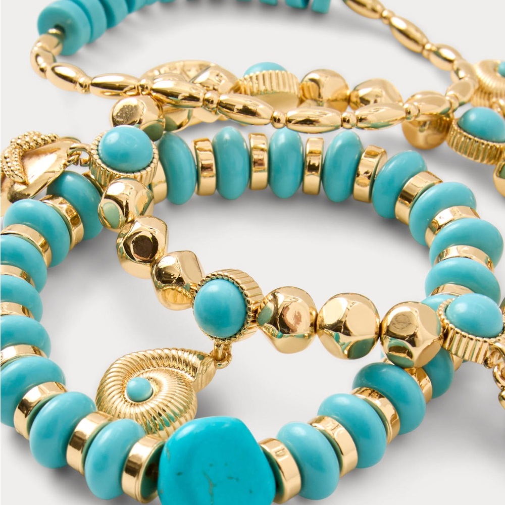 Lilly Pulitzer Shell Shine Gold-Tone Bracelet Stack Turquoise Beads set 3 $89